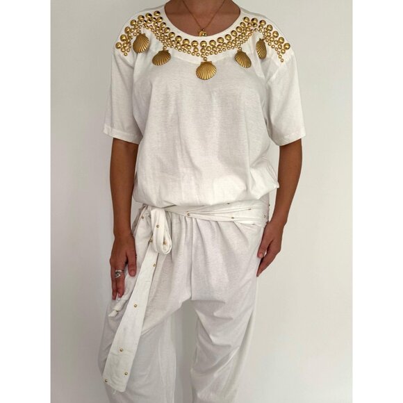 80s white embellished gold seashell retro loose cotton pant one piece jumpsuit - Picture 4 of 10